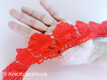 Yellow / Red Shell Embroidery Crochet (Cotton) One Yard Lace Trim, Approx. 60mm Wide - 200317L50/51